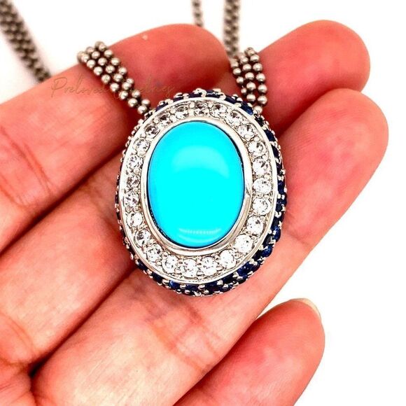 925 Turquoise/Cz/Sapphire Oval Pendant Necklace - Picture 2 of 11